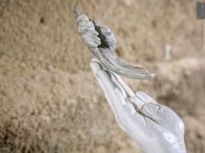 ...e infine su una mano in marmo dalla quale sembra prendere il volo una piuma in gesso